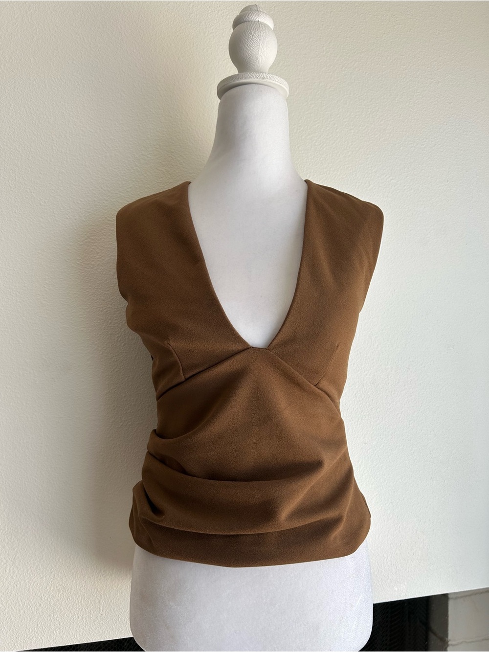 Deep V-Neck Brown Draped Sleeveless Camisole - Picture 2 of 7